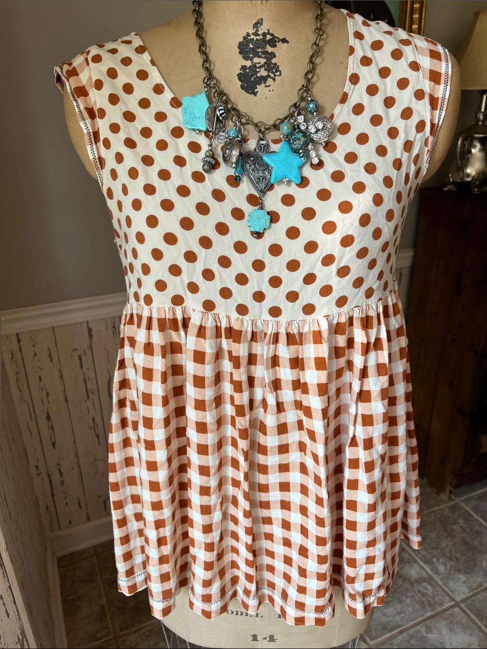 Matilda Jane Rust and White Polka Dot & Gingham Sleeveless Top